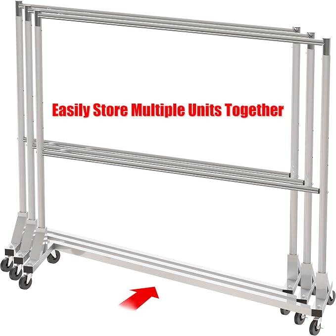 Simple Houseware Commercial Grade Z-Base Double Rod Garment Rack, Silver | 600Lb Load with 63" Extra Long Bar, Adjustable Middle Bar