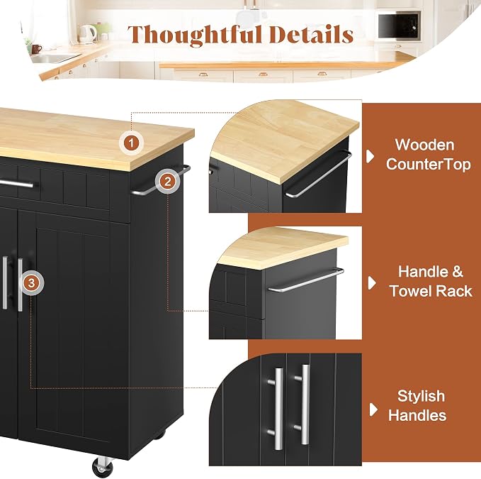 SUNLEI Kitchen Island Cart on Wheels with Storage Cabinet & Drawer, 26" Width Rolling Kitchen Table, Cart Handle for Towel Rack or Free Mobility, Kitchen Cart, Dining Room(Black)