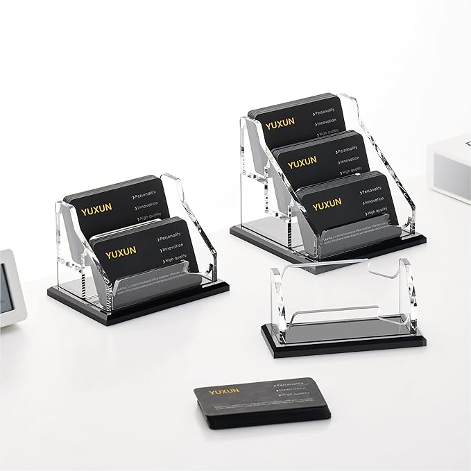 YUXUN Black Business Card Holder for Desk-3 Tier 6 Slot, Acrylic Business Card Holder for Women Men, Business Card Display Stand for Exhibition, Home, Office