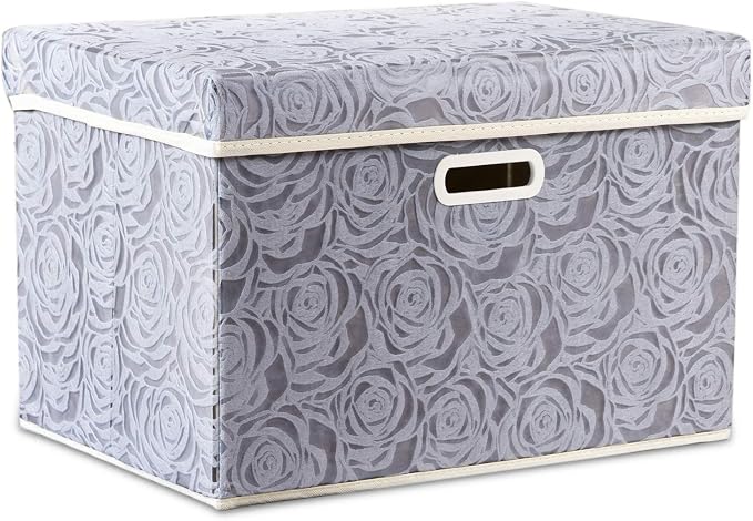 PRANDOM Larger Collapsible Storage Box with Lid [1-Pack] Fabric Decorative Storage Bin Cube Organizer Container Basket with Cover Handles for Bedroom Closet Living Room Gray 17.7x11.8x11.8 Inch