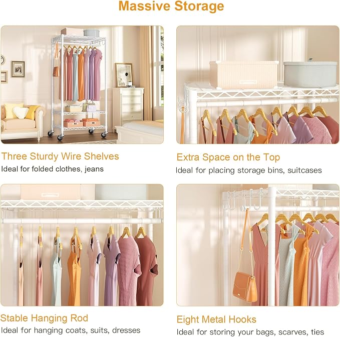 FUTASSI Rolling Clothes Rack, Clothing Racks for Hanging Clothes, White | P6 Medium Heavy Duty Garment Rack with Wheels, Freestanding Portable Closet Rack with Shelves, 30 In Wide, Max Load 370 LBS