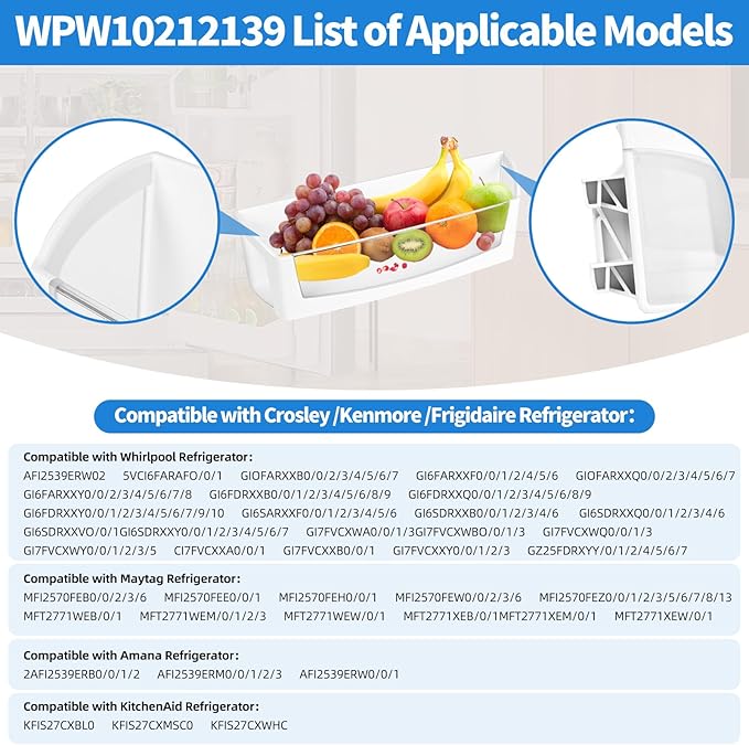 WPW10212139 Refrigerator Door Shelf Bin Compatible with Maytag Whirlpool Refrigerator Door Shelf Parts Replacement W10212139 Cantilever Bin WRF555SDF WRF555SDH GI6FDRXX GI6FARXX GI6SDRXX Left Bin