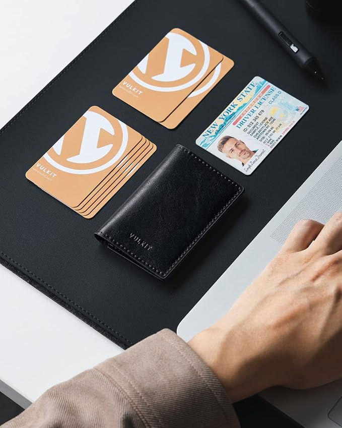 VULKIT Leather Business Card Holder 2 Sided Slim Business Name Card Organizer for Men or Women, Up to hold 20 cards (Vintage Black)