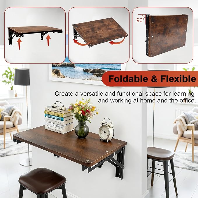 Folding Shelf Wall Mounted, 16.5inches Floating Desk for Small Space | Wooden Fold Down Projector Shelf, 2pcs Heavy-Duty Brackets Holds Up to 55lbs for Bedside, Living Room, Home Office, Kitchen