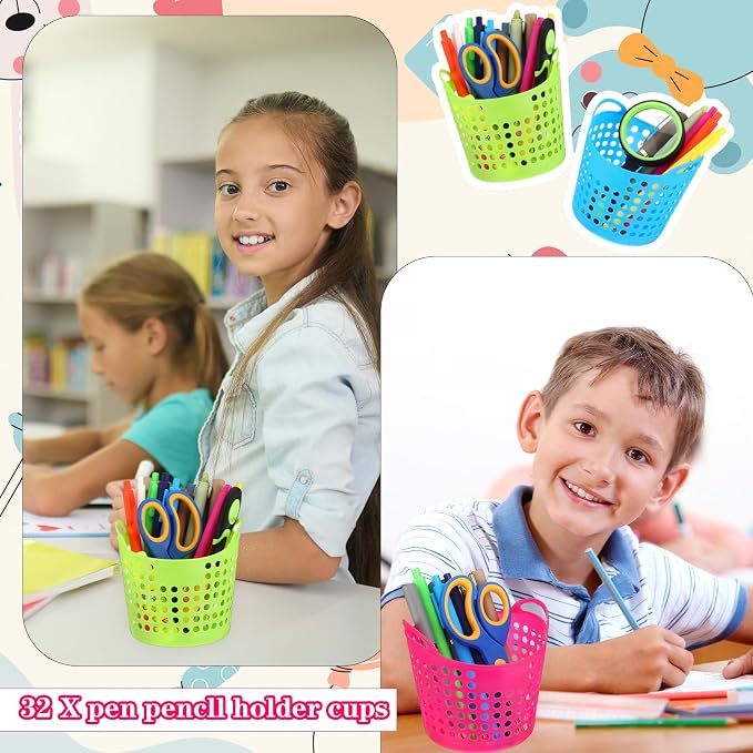 MAQUITA 32 Pcs Pencil Cup Bulk Pencil Basket Cute Pen Holder Organizer Stationery Caddy Different Pen Cup for Office School Home Supplies, 4 Colors