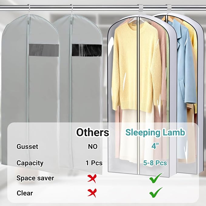 SLEEPING LAMB 60" Long Hanging Garment Bags for Closet Storage Gusseted Clear Dress Bag for Clothes, Gowns, Coats, Suits, 5 Packs