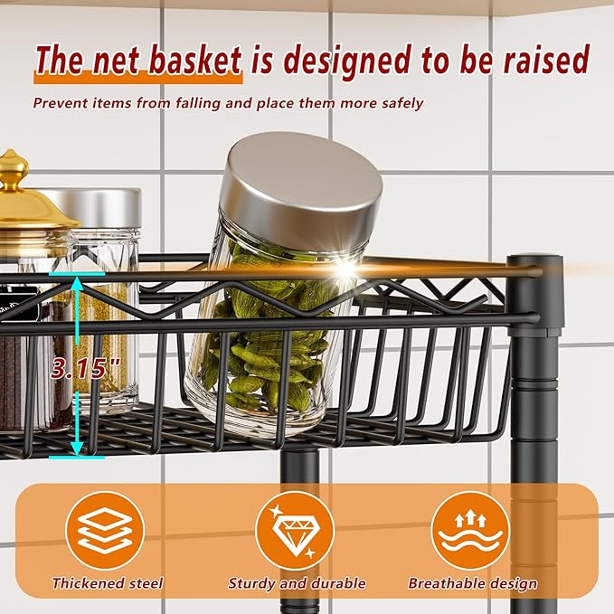Golpart Basket Shelves Closet Rack with Wheels Metal Pantry Wire Shelf Unit | 6 tier Storage Rolling Shelving Bathroom Organizers Kitchen Garage Laundry Room Organization Home 17.2"Dx12.2"Wx63"H Black