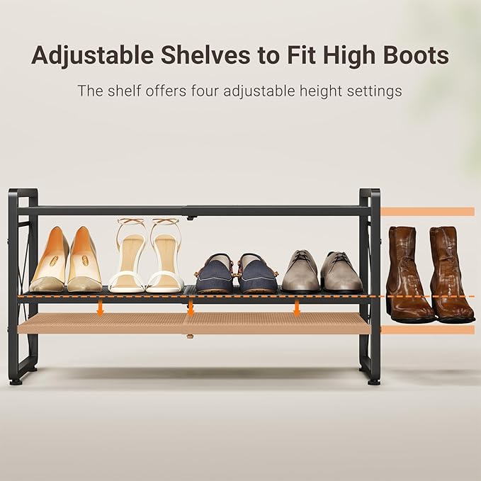 ELYKEN Shoe Rack, 2-Tier Expandable Shoe Organizer for Closet, Metal Black Shoe Shelf with 4 Hooks, Adjustable Shoe Stand Holder for Entryway, Garage, Door Entrance