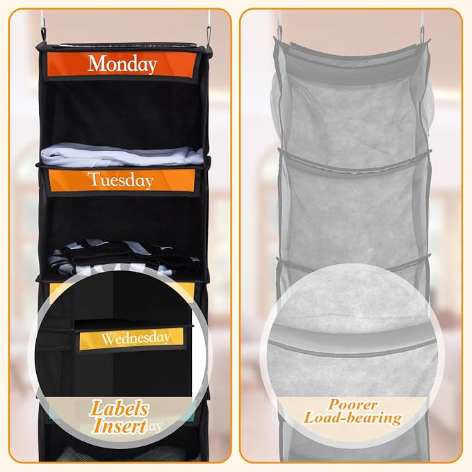 Amylove 2 Pack 6 Shelf Weekly Clothes Organizer for Kids with Side Pocket, 47 Inch Days of the Week Clothes Organizer, Monday to Friday Daily School Outfits Clothing Divider for Kids(Black,White)