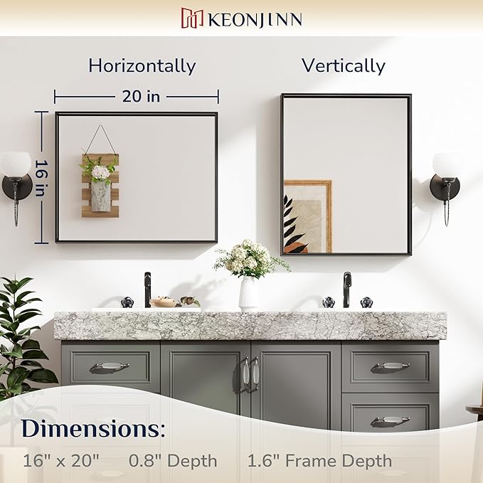 Keonjinn Black Bathroom Mirror 16 x 20 Inch, Metal Framed Small Black Mirror, Rectangular Wall Mount Mirrors Square Corner, Modern Farmhouse Bathroom Vanity Mirrors for Over Sink(Horizontal/Vertical)