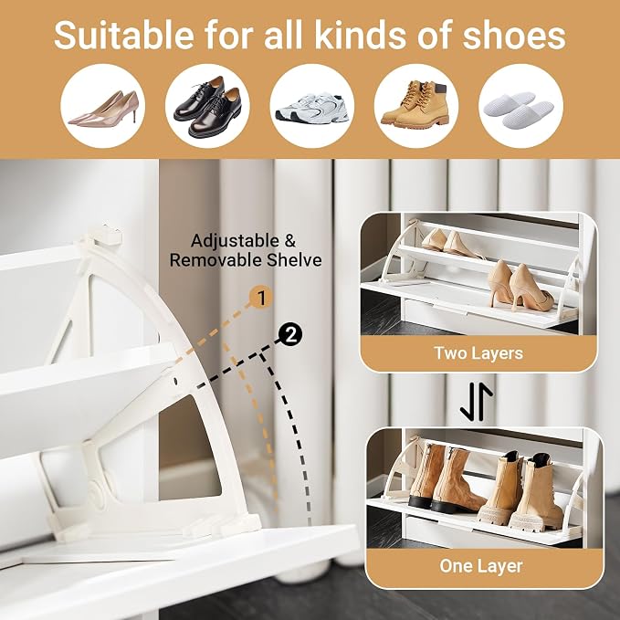 Haotian Shoe Cabinet Storage for Entryway | Narrow Shoe Cabinet with Two Flip Drawers to Save Space, Shoe Rack Cabinet for Front Door Entrance Hallway (White)