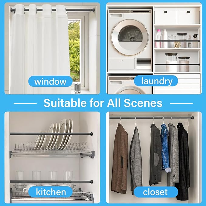 2pack Spring Tension Rods 23-46 Inch Adjustable black Tension Rod Spring Curtain Rod Extendable Spring Loaded Curtain Rods Tension Rod for Curtains,Closet,Kitchen