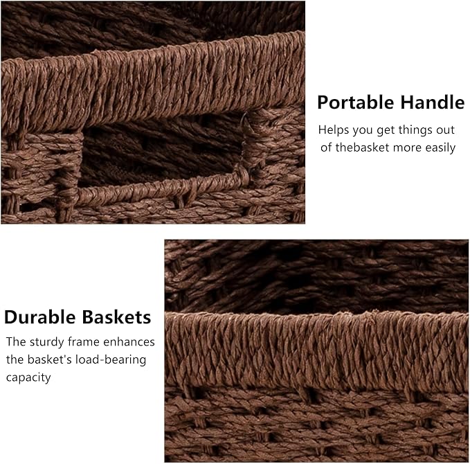 joybest Dark Brown Wicker Baskets for Shelves, 13.4L x 8.3W x 7.1H inch Hand-woven Storage Baskets for Pantry Organizing, Foldable Rectangular Bin with Handles, 2-pack