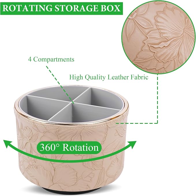 Round Leather Art Supply Organizer,Remote Control Holder,360 Degree Spinning,Multi-Functional Pencil Holder,4 Compartments Desktop Stationary Organizer(1-Golden Apricot)