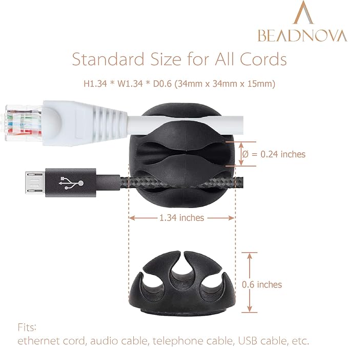 BEADNOVA Cable Clips Cord Organizer Cable Management Wire Cord Holder 3 Slots Adhesive Wire Holder for Car Charging Accessory PC Office Home (Black, 6 pcs)