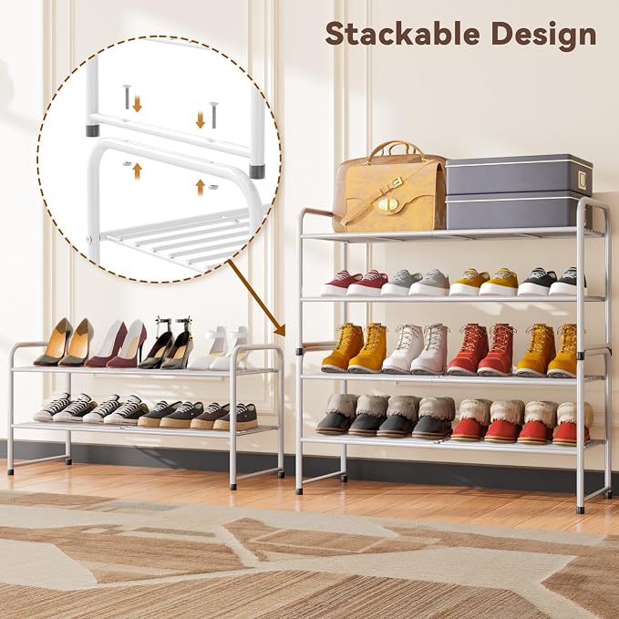 2 Pack 2-Tier Shoe Rack, 33" Wide Shoe Shelf Storage Organizer for Entryway, Closet, Large Capacity, Metal Wire Grid, White