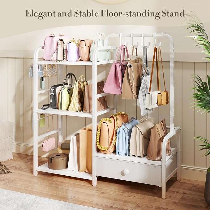 Purse Organizer for Closet, with Bottom Drawer, Extra Large Capacity 3 Tier Handbag Storage Rack for Women, 10 Purse Hanger and Hooks for Bag Organizer, Floor-Standing, Home, Living Room (White)