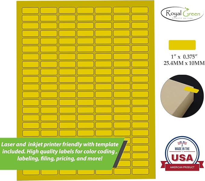 Yellow Sticker Label Sheets Bulk Printable Paper Labels 1 inch x 0.375 inch - 1540 Pack, 10 Sticker Sheets for Laser/Inkjet Printers with Template Included by Royal Green