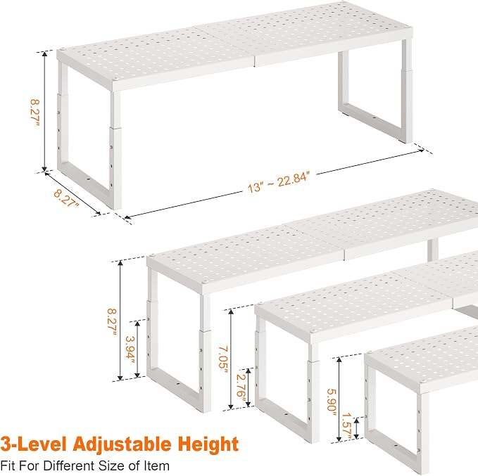 Shelf Organizer Riser For Cabinet Pantry Kitchen Countertop Cupbaord Closet | Expandable Width, Adjustable Height, Stackable As 2-Tier Shelf Rack, Snap-Button: Easily Adjust Height, Heavy Duty Metal