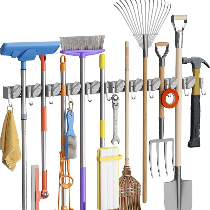 Lifewit Broom and Mop Holder Wall Mount, Non-Slip Cleaning Tool Hanger Organizer with 6 Hooks 5 Slots, Heavy Duty Hanging Broom Utility Rack for Kitchen, Garden, Garage, Laundry, 2 Pack, Gray