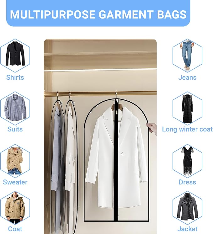 All Clear Garment Bags for Hanging Clothes, 55" (Set of 6) Dress Bags for Gowns Long, Plastic Dustproof Dress Garment Bag, Long Dress Bag with Zipper for gown, winter long coats, dance costume
