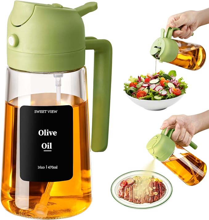SWEET VIEW Oil Sprayer for Cooking 16oz/470ml | Glass Oil Dispenser/Pour Bottle, Kitchen Accessories, Kitchen Gadgets for Air Fryer, Salad, BBQ, with Stickers (Green)