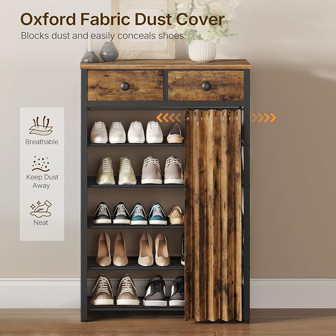 YATINEY 6-Tier Shoe Rack with 2 Non-Woven Drawers, Entryway Shoe Storage with Dust Cover, Metal Shoe Organizer, Space Saving Shoe Cabinet, for Entryway, Closet, Hallway, Rustic Brown and Black SS33BR