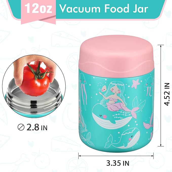 wiwens 12oz Soup Thermo for Hot Food Kids Insulated Food Jar Wide Mouth Lunch Container Leak Proof Stainless Steel Vacuum Bento Box for School Office Travel Outdoors Green-Mermaid