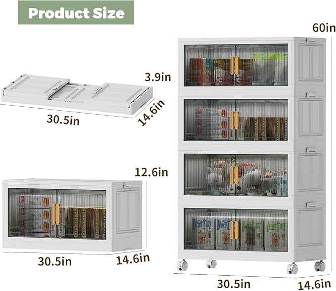 100Gal Stackable Plastic Storage Bins with Lids, Collapsible Closet Organizers and Storage with Wheels for Living Room,Office,Dorm, 30.5" W x 14.6" D x 60" H, 4 Tier