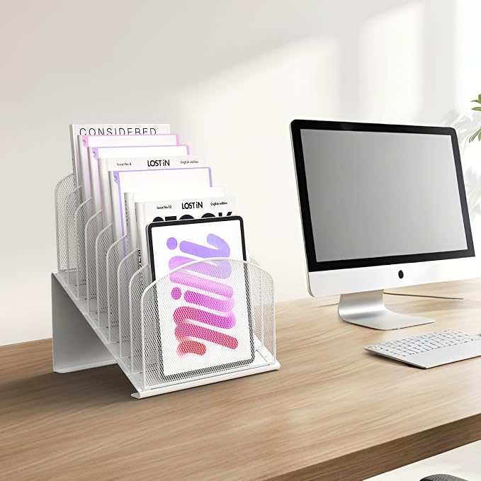 Inclined Desk File Organizer Metal Desk Magazine Folder Holder with 8-Section Vertical Compartments Rack File Organizer for Office, Home, School, White