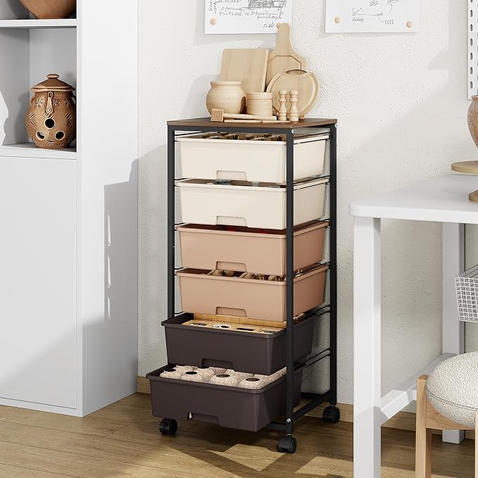 6 Drawer Rolling Storage Cart with Wooden Top and Wheels for Crafts,Brown | Easy Setup, Large Capacity, Sturdy Build, Lockable Mobility, For office, classroom and art studio supplies