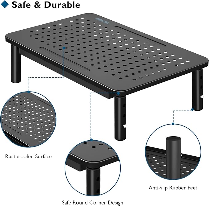 BONTEC 1 Pack Adjustable Monitor Stand Riser with Drawer, Supports 44lbs | Ergonomic Mesh Platform for Desk, Ventilated Laptop and PC Use with Cable Management for a Cooler, Organized Workspace
