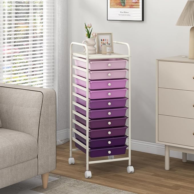 COSTWAY 10-Drawer Rolling Storage Cart, Utility Mobile Trolley | Removable Drawers & Universal Casters & 2 Brakes, Versatile Flexible Drawer Organizer Cart for Home, Office (Purple Gradient)