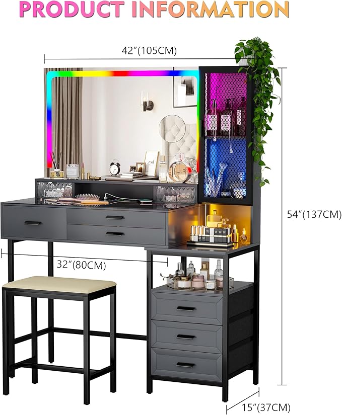 Lvifur RGB Makeup Vanity Desk with Wireless Charging Station,7 Dynamic & 24 Static Dimmable Vanity Table Set with Glass Top,Human Sensor LED Vanities with Mirror and Lights,6 Drawers,Stool