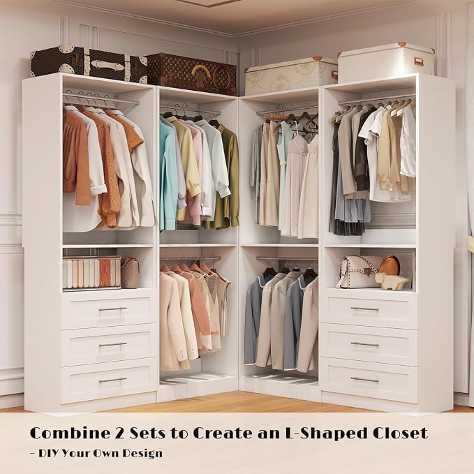 Closet System with 3 Drawers, 4FT-10FT Closet Organizer Systems with 5 Hanging Rods, Walk in Closet Freestanding Corner Closet System Modular Closet System 2 Sets White (4FT)