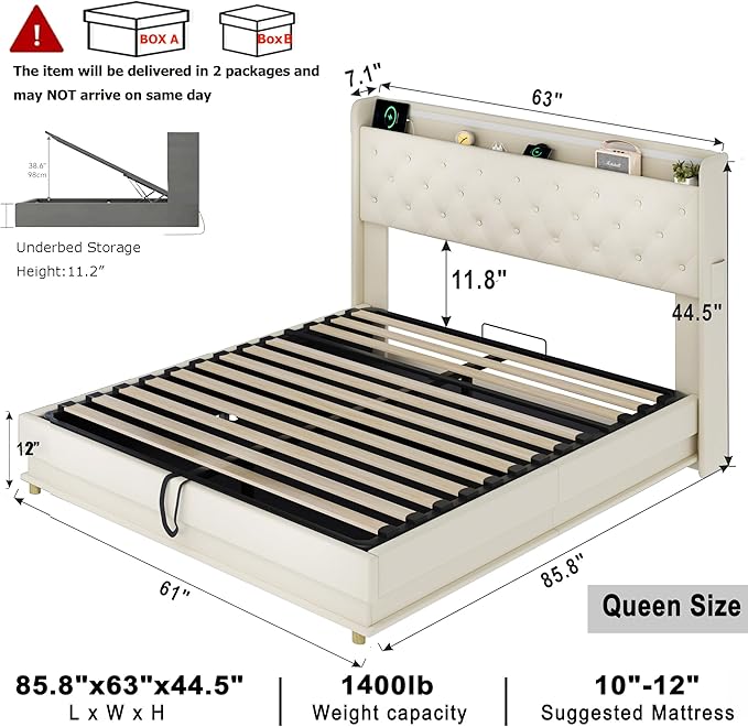 Ailisite Queen Size Lift Up Storage Bed, Upholstered Platform Bed with Button Tufted Wingback Storage Headboard, Bed Frame Queen Size with Led Lights and Charging Station, No Box Spring Needed, Beige | Lift up Storage, breathable material, with led lig...