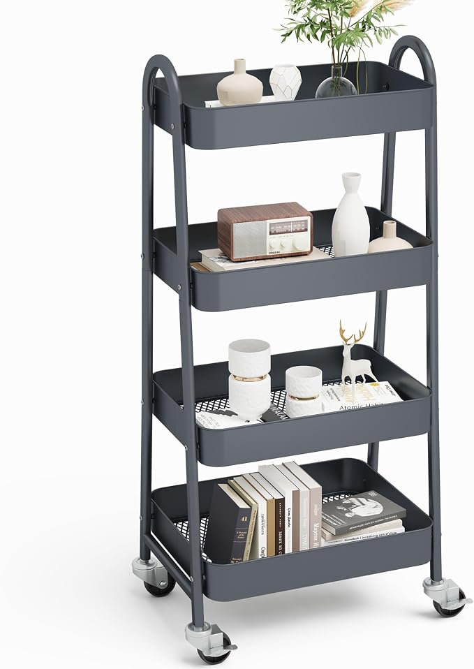 NEWBULIG 4-Tier Metal Rolling Cart with Lockable Wheels, Heavy Duty Mobile Utility Storage Shelf, Roller Book Snack Cart, Organization for Livingroom, Bathroom, Office, Grey
