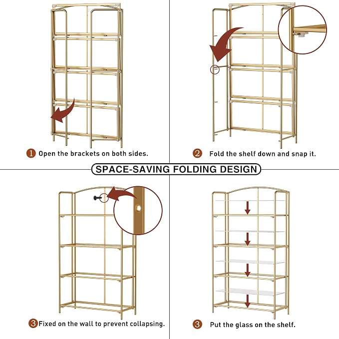 Crofy 4-Tier Wider Foldable Bookshelf, Gold Frame & Transparent Shelves | No-Assembly Collapsible Portable Storage Organizer; Sturdy Transparent Shelves; Ideal for Living Room & Home Office