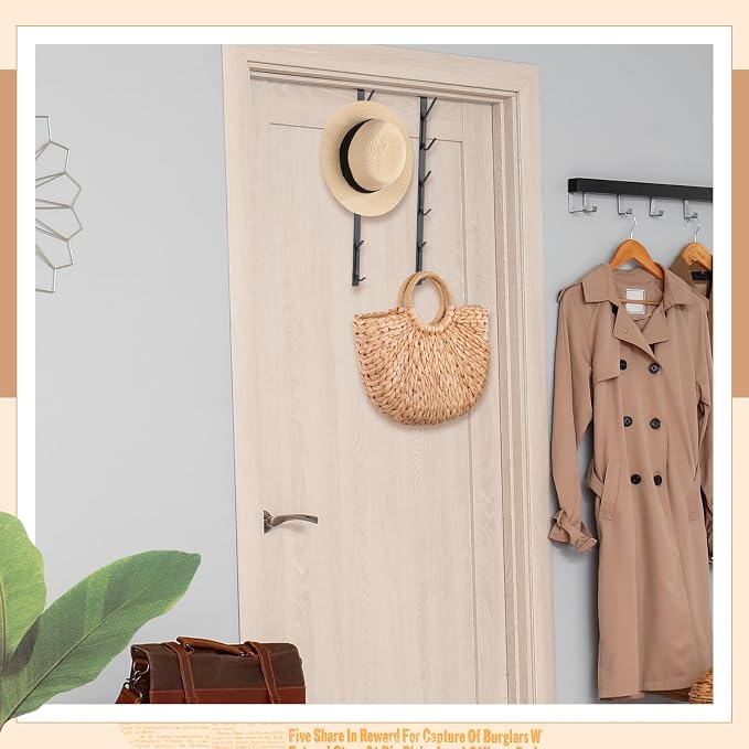 Tandefio 4 Pack 13.8" Over The Door Hook Hanger Comes with 6 Hooks from Large to Small Metal Extra Long Over The Door Hooks Hanger for Hats Rack Coat Scarf Purse Bags Scarf Keys and More (Black)