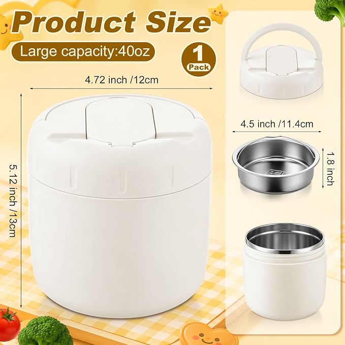 1 Pack 40 oz Insulated Food Jar with 2 Compartments, Stainless Steel Double Wall Vacuum Lunch Box Keep Hot & Cold, Leak-Proof Wide Mouth Soup Container with Spoon & Bag (White)