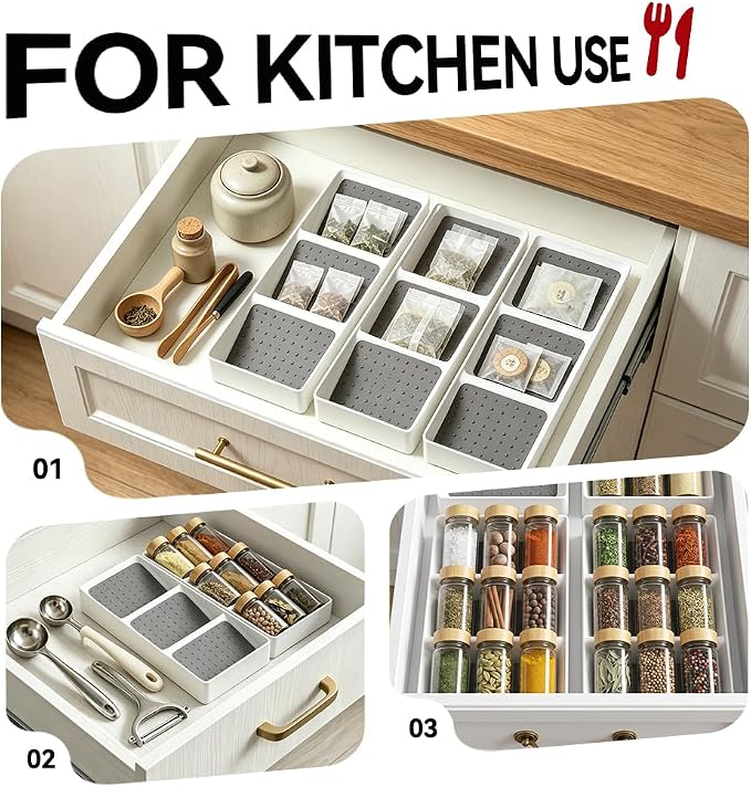 Kitchen Drawer Organizer,2 Pack,With silicone non-slip mat;Suitable for drawers in the kitchen,bathroom,bedroom,Spice Rack Organizer for Cabinet, Making up Organizer,Spice Bottle Organizer