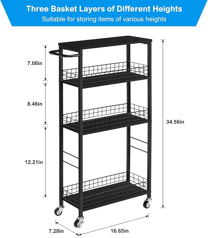 YBING Slim Storage Cart Kitchen Rolling Utility Cart on Wheels 4 Tier Mobile Narrow Cart with Wood and Metal Handle Slide Out Storage Shelving Unit Cart for Kitchen Living Room Small Places Black