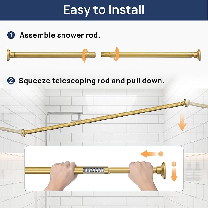 ENJOYBASICS Shower Curtain Rod 30 to 88 Inches, Stainless Steel Adjustable Spring Tension Rods No Drill for Bathroom, Closet, Window, Room Divider, Never Rust, Non Slip, Gold