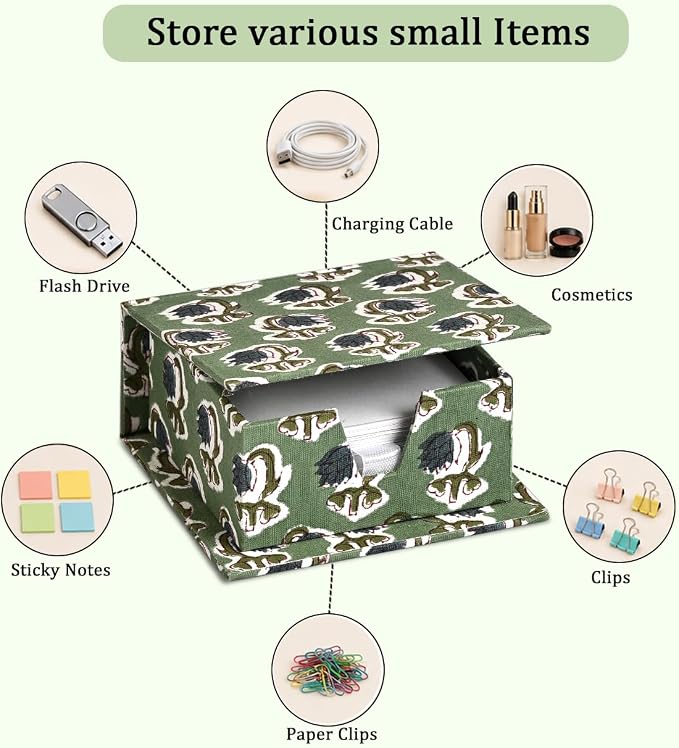 Ridhi Block Print Basil Green Sticky Note Holder Box for Desk, Aesthetic Memo Pad Organizer, Sticky Note Box Decorative Office Accessory, Stationery Gift for Teachers, Students, Professionals