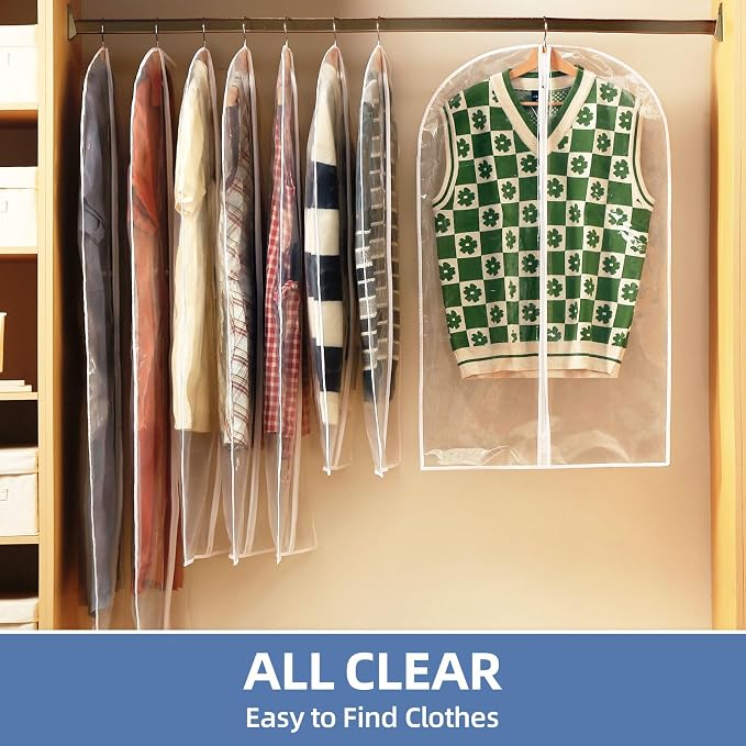 55" All Clear Garment Bags for Hanging Clothes, 5 Packs Dress Bags for Gowns, Plastic Waterproof Garment Covers with Zipper for Long Coats, Dresses, Trench (Set of 5)