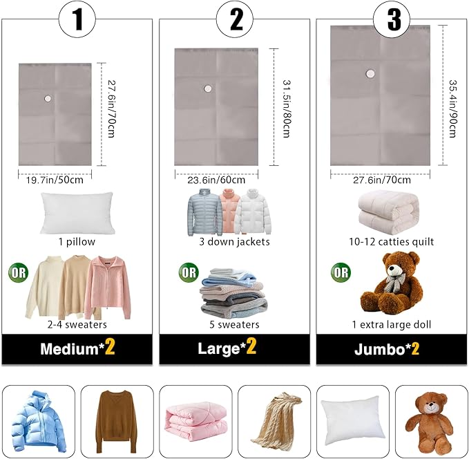 6-Pack Vacuum Seal Bags for Clothing Home – Fabric Storage Bags with Manual Pump | 2 Medium, 2 Large, 2 Jumbo | Reusable Packing Cubes for Travel, Carry-On Luggage & Home Organization(Gery-2M＆2L＆2J)