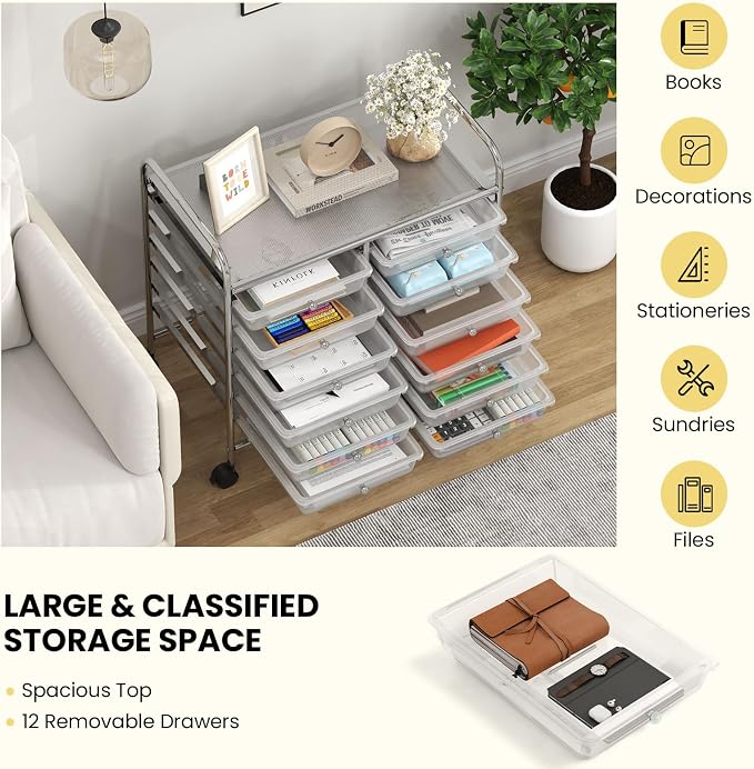 LDAILY 12 Drawer Rolling Storage Cart, Craft Cart Organizer on Wheels w/Metal Frame, Large Capacity & Smooth Drawer, Rolling Cart w/Drawers for Classroom, Office