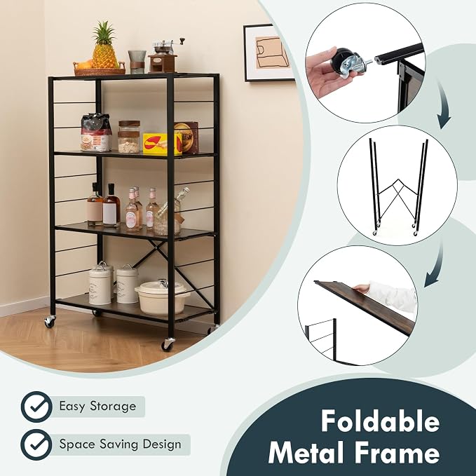 Giantex 4-Tier Folding Storage Shelf of 2, Collapsible Shelving Unit with Lockable Wheels & Adjustable Shelf, Heavy-Duty Organizer on Wheels, Storage Rack for Tool Room, Garage, Kitchen