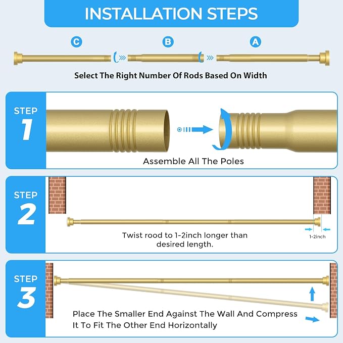 AIZESI Shower Curtain Rod 30 to 64 Inch Adjustable, 7/8" Diameter Gold Spring Loaded Curtain Rods No Drilling Tension Curtain Rods for Window, Bathroom, Doorway, Closet, Kitchen