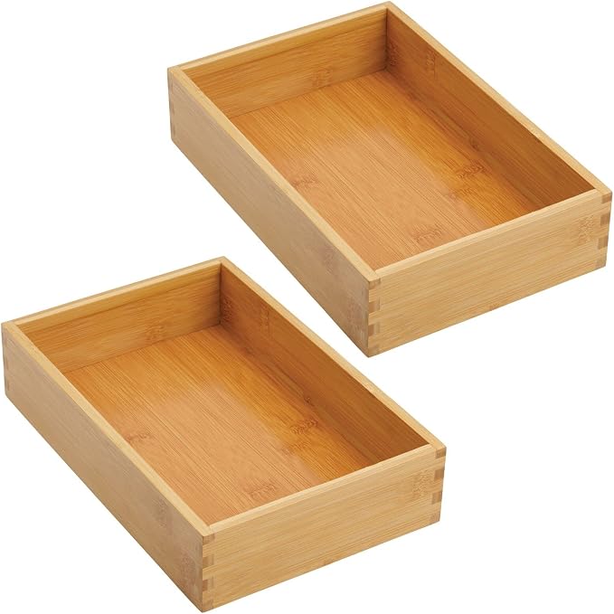 mDesign Bamboo Kitchen Cabinet Drawer Organizer Tray Bin - Eco-Friendly, Multipurpose - Use in Drawers, on Countertops, Shelves or in Pantry - 6.9 x 10.4-2 Pack - Natural Wood Finish